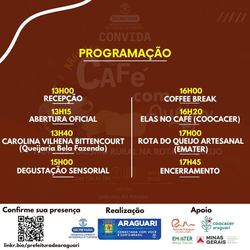 A Prefeitura Municipal de Araguari, através da secretaria de Desenvolvimento Econômico e Turismo, convida você para o Araguari Café com Queijo.
