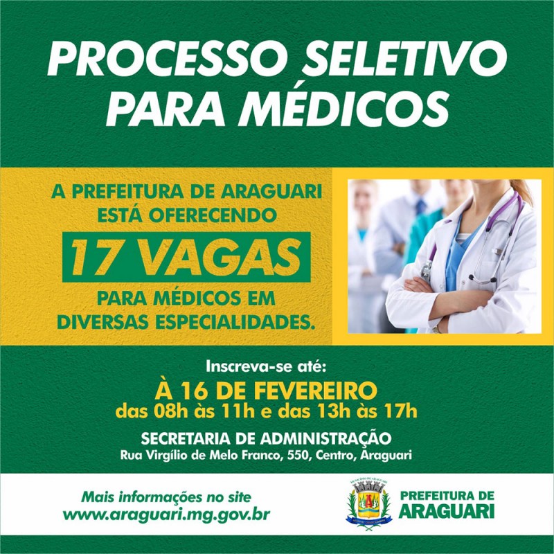 Prefeitura de Araguari abre processo seletivo para contratação de Médicos