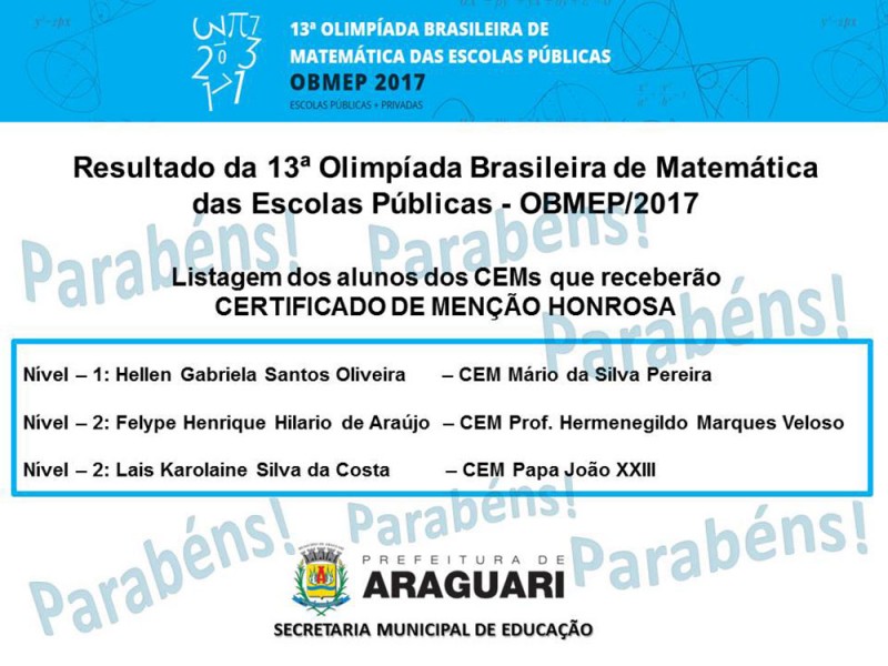 Centros Educacionais Municipais são destaques em Olimpíada Brasileira de Matemática