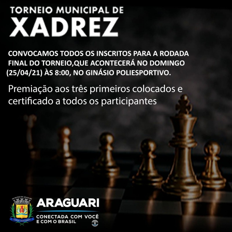 CONVOCAMOS TODOS OS INSCRITOS PARA A RODADA FINAL DO TORNEIO, QUE ACONTECERÁ NO DOMINGO (25/04/21) ÀS 8:00, NO GINÁSIO POLIESPORTIVO.