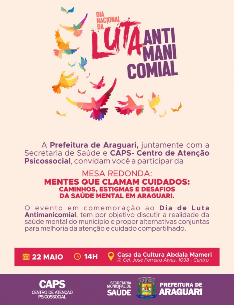 Prefeitura de Araguari realizará evento alusivo às comemorações do Dia de Luta Antimanicomial