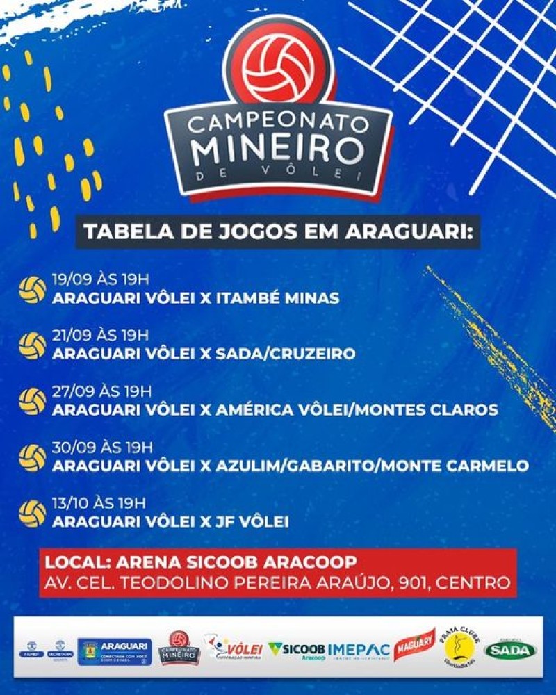 Prefeitura de Araguari informa as datas e horários dos jogos do Araguari Vôlei pelo Campeonato Mineiro