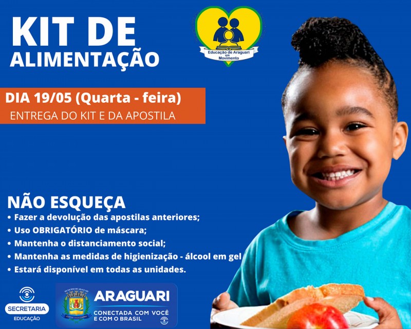 A Secretaria Municipal de Educação fará nesta quarta-feira, dia 19 de maio, a entrega do kit alimentação e troca das apostilas para os alunos da Rede Municipal de Ensino.