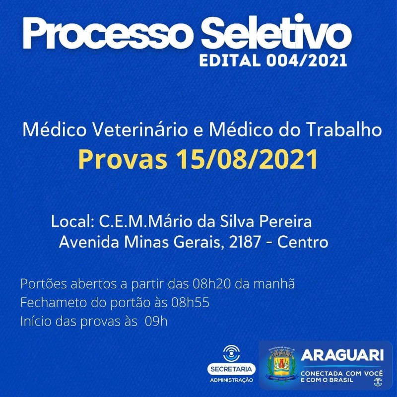 Provas do Processo Seletivo para Médico Veterinário e Médico do Trabalho estão com local e horário marcados