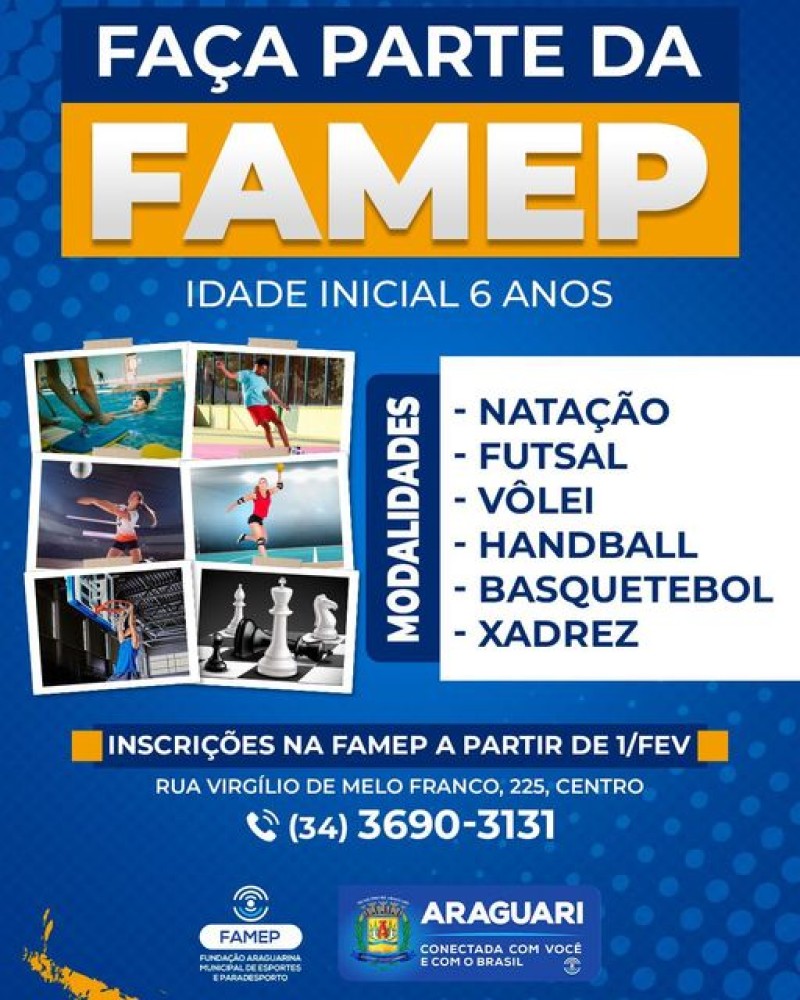 FAMEP abre inscrições para diversas modalidades esportivas em Araguari