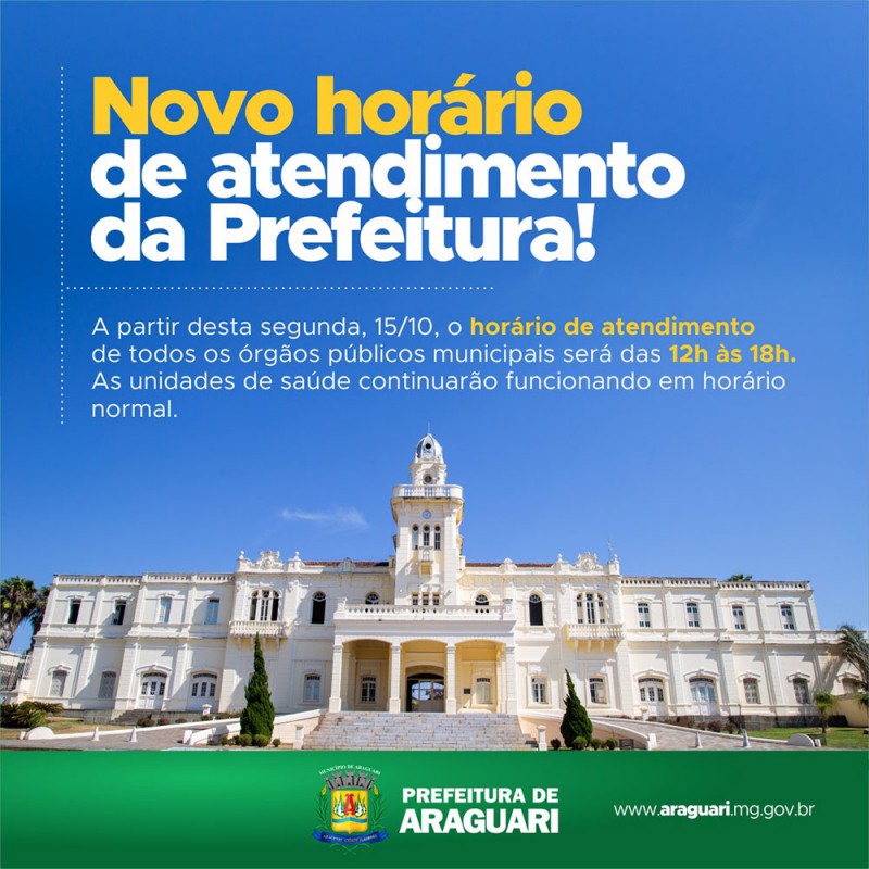 Prefeitura de Araguari decreta mudança no horário de expediente dos órgãos municipais