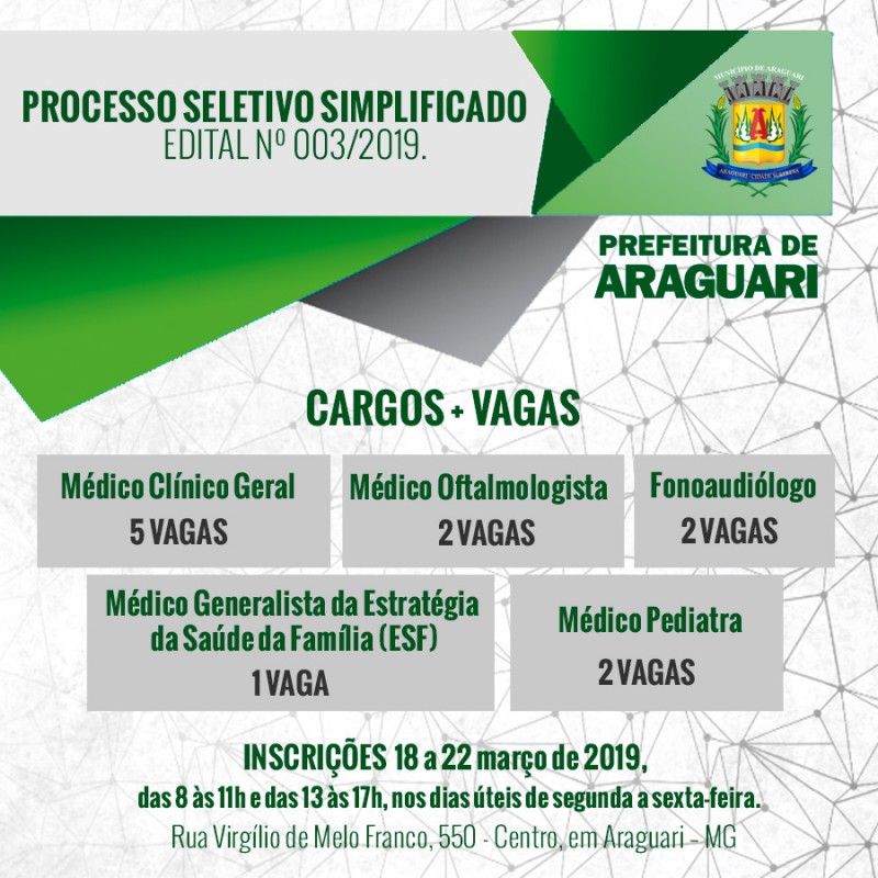 Prefeitura de Araguari abre inscrições para novo Processo Seletivo Simplificado