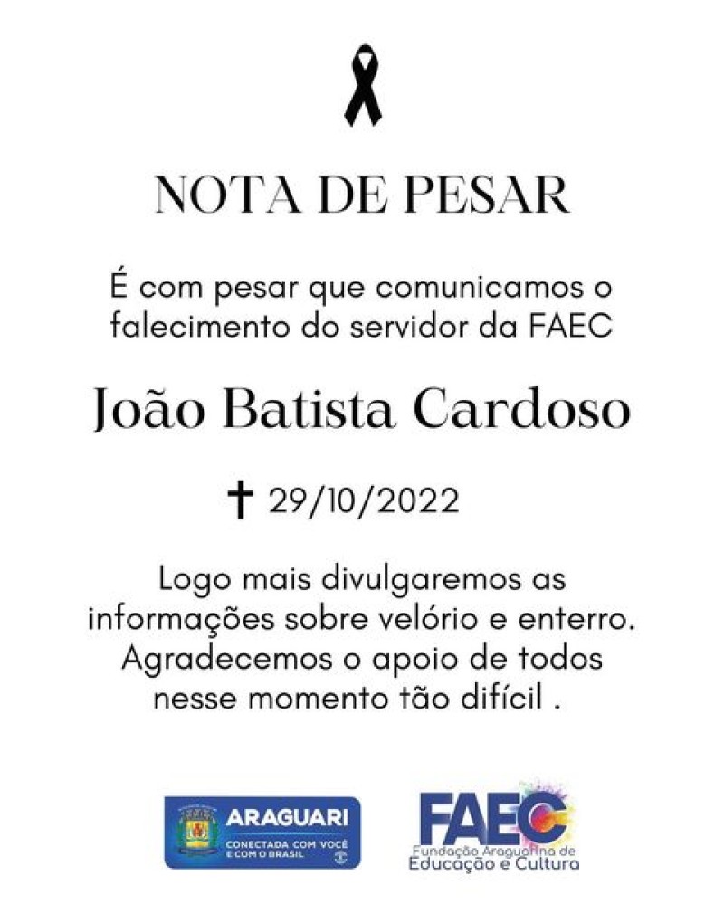 Está confirmado o falecimento do servidor da Faec, João Batista Cardoso, ator, técnico em teatro e que coordenava nosso Programa Municipal de Incentivo a Cultura. 