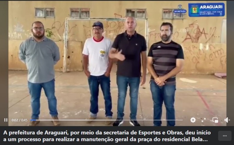 A prefeitura de Araguari, por meio da secretaria de Esportes e Obras, deu início a um processo para realizar a manutenção geral da praça do residencial Bela Suíça. O projeto inclui serviços como obras de construção e revitalização de toda área, incluindo 