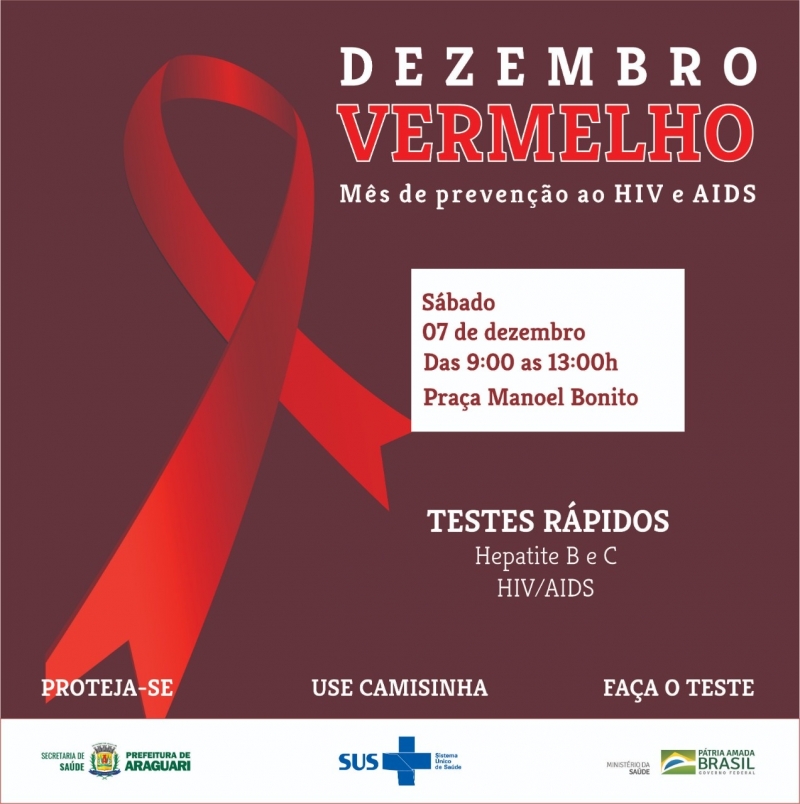 No próximo sábado (07) a Prefeitura de Araguari realizará o evento alusivo ao “Dezembro Vermelho”. A ação acontecerá na Praça Manoel Bonito, das 9:00h às 13:00h. O evento contará com orientações sobre perigos e formas de contágio e prevenção da AIDS, além de testes rápidos para HIV/AIDS e Hepatites B e C.