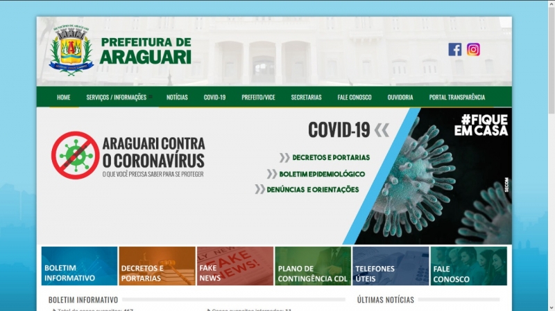 Com o intuito de informar os araguarinos a respeito dos impactos da epidemia do Coronavírus COVID-19 no município de Araguari, a prefeitura lançou um canal exclusivo de notícias em seu próprio site.