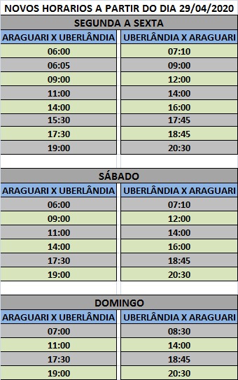 A Prefeitura de Araguari, através da Secretaria de Trânsito, Transporte e Mobilidade Urbana, informa ao cidadão araguarino que depende do transporte intermunicipal, sobre os novos horários que estão sendo implantados a partir de hoje, 29.