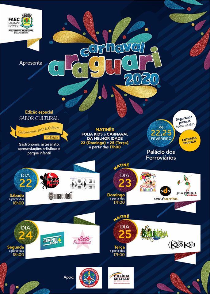 Carnaval Araguari 2020 terá programação intensa em frente ao Palácio dos Ferroviários.