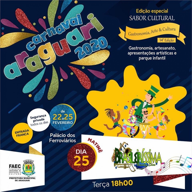 Carnaval Araguari 2020 terá programação intensa em frente ao Palácio dos Ferroviários.