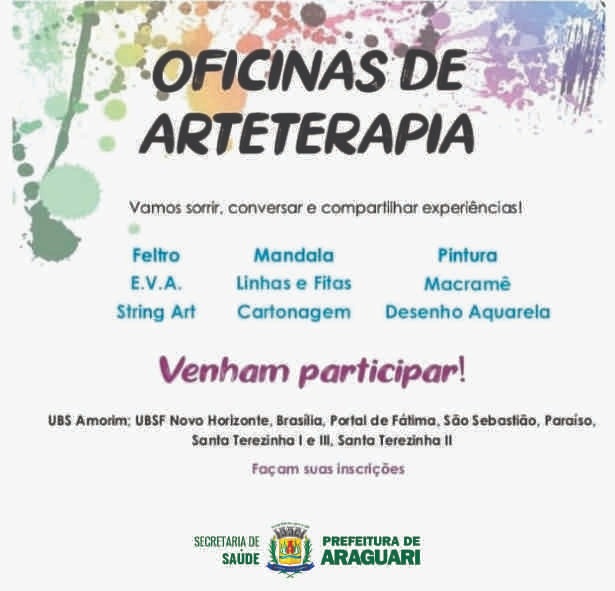 Em mais uma ação de descentralização do NASM – Núcleo de Apoio a Saúde Mental, a Prefeitura de Araguari, através da Secretaria de Saúde, está oferecendo nas unidades de saúde as oficinas de “arteterapia”. São aulas de pintura, desenho e artesanato com diversos materiais como: feltro, E.V.A., linhas, fitas entre outros.