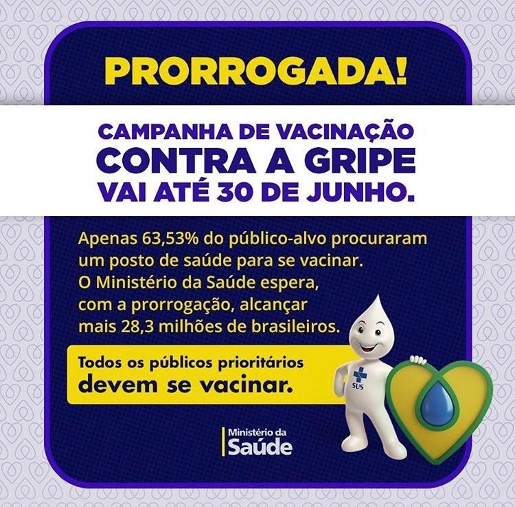 O Ministério da Saúde anunciou nesta segunda-feira, 1º de junho, a prorrogação da Campanha de Vacinação contra Influenza. A campanha que encerraria na próxima sexta-feira, 5, foi prorrogada até dia 30 de junho.