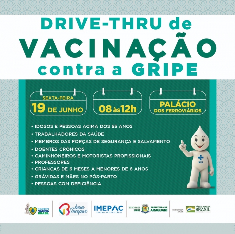 A campanha de vacinação contra a gripe (Influenza) foi prorrogada até 30 de junho, por isso pensando na saúde e bem-estar da população araguarina, a prefeitura de Araguari, em parceria com o IMEPAC realiza na próxima sexta-feira, 19, o drive thru de vacinação contra a gripe. O evento será no Palácio dos Ferroviários das 8 às 12h. Para se  vacinar é importante levar a caderneta de vacinação e um documento pessoal.