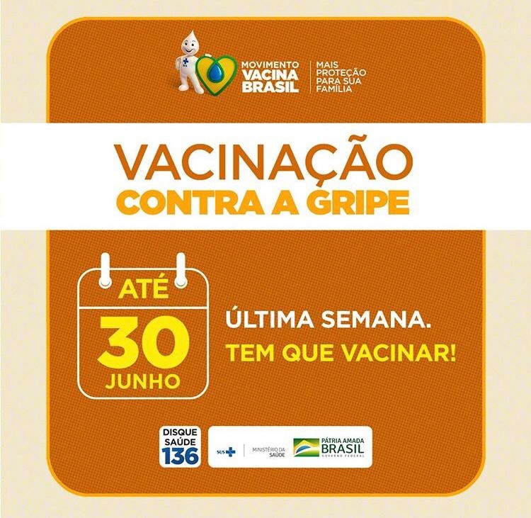 A campanha de vacinação contra a gripe se encerra amanhã, terça-feira, 30. A campanha que seria encerrada dia 5 deste mês, foi prorrogada pelo Ministério da Saúde até o fim do mês de junho, porque pouco mais de 63% das pessoas que fazem parte do grupo prioritário não haviam se imunizado. Em Araguari, esse número é de aproximadamente 43%.