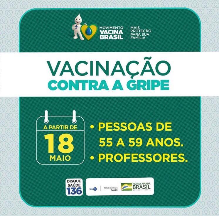 A quarta e última etapa da campanha de vacinação contra a Influenza (gripe) começa nessa segunda-feira, 18, em todo Brasil. A vacinação é nacional e o público-alvo nessa etapa são pessoas de 55 a 59 anos e professores.