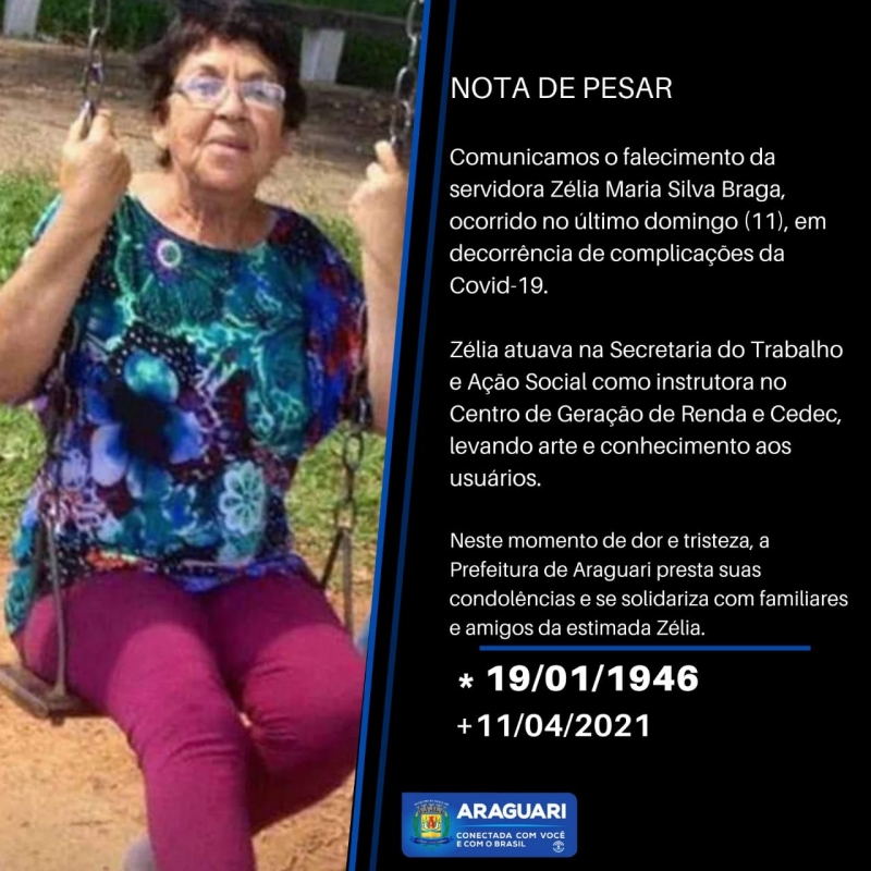 Comunicamos o falecimento da servidora Zélia Maria Silva Braga, ocorrido no último domingo (11), em decorrência de complicações da Covid-19.