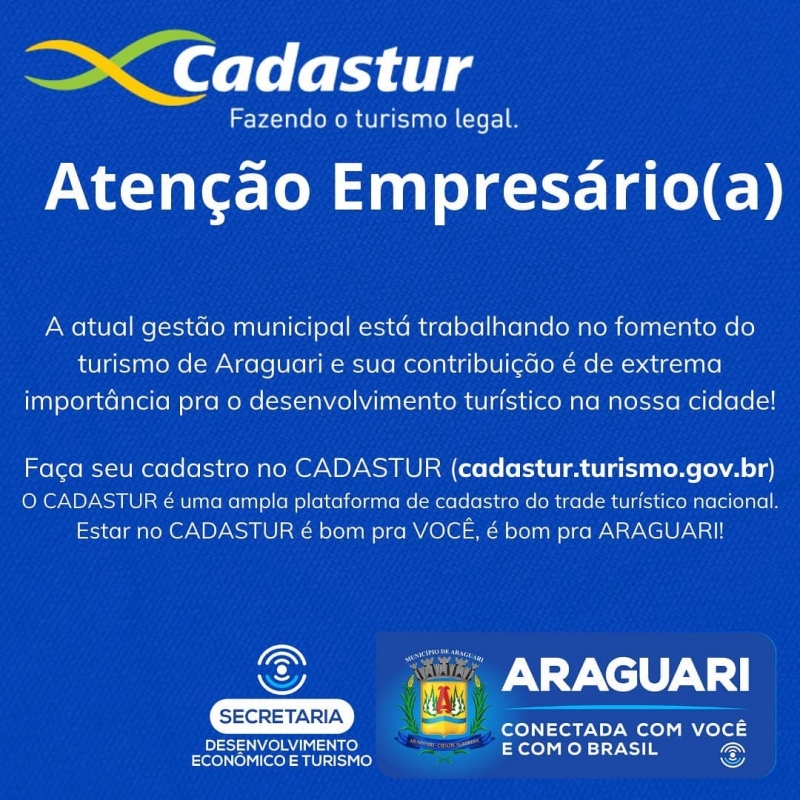 A atual gestão municipal está trabalhando no fomento do turismo de Araguari e sua contribuição é de extrema importância pra o desenvolvimento turístico na nossa cidade!