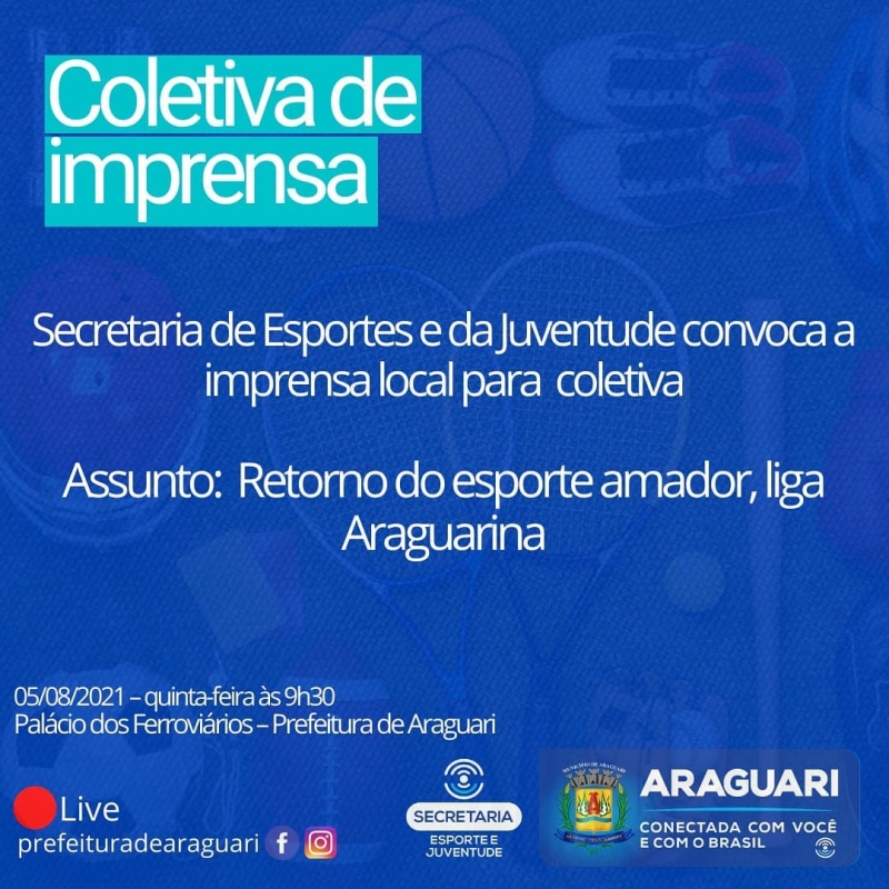 O Secretário de Esportes e da Juventude, Wesley Lucas Mendonça e o Presidente da Liga Araguarina, Cleibimar Resende, convoca a imprensa local para uma entrevista coletiva na manhã desta quinta-feira, às 9h30, no Palácio dos Ferroviários, sede da Prefeitura de Araguari. O retorno do esporte amador estará na pauta dos assuntos que serão apresentados aos membros da imprensa.