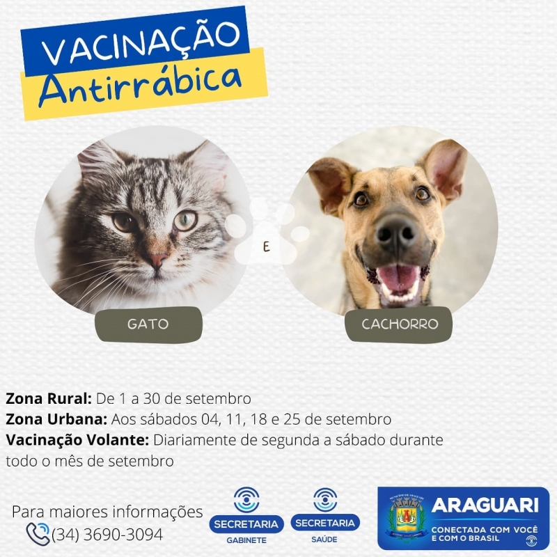 A secretaria de Saúde através do departamento de Zoonoses, iniciará entre os dias 1 a 30 de setembro, a vacinação antirrábica com a imunização de cães e gatos dentro do município.  A coordenação de Zoonoses informou que a meta pretendida é vacinar 24.661 animais, considerando a quantidade de animais imunizados no ano anterior. Os pontos de vacinação já estão definidos e os serviços ocorrerão de acordo com as medidas preventivas exigidas dentro da pandemia da Covid-19. Serviços Zona Rural Início dia 1º de setembro com término dia 30 de setembro. A área rural será dividida em 4 equipes que realizarão a campanha porta a porta. Zona Urbana Serão disponibilizados 24 postos de vacinação nos sábados de 04, 11, 18 e 25 de setembro.  Vacinação Volante Vacinação em domicilio de animais agressivos, animais tutelados por protetores, animais de pessoas idosas e/ou debilitadas ou impedidas de levar cães ou gatos no posto de vacinação. Diariamente de segunda a sábado durante todo o mês de setembro.  Os locais de vacinação serão amplamente divulgados nas próximas semanas, na medida em que o início da imunização animal se aproximar.