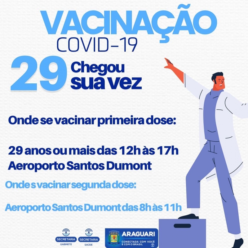 Após um dia de grande sucesso de vacinação contra a Covid-19, onde a prefeitura de Araguari conseguiu vacinar 1.658 pessoas, a imunização continuará com a aplicação da primeira dose para pessoas de 29 anos ou mais.  A vacinação de  primeira dose será somente no aeroporto Santos Dumont a partir das 12h, com distribuição de senhas às 11h30.  Solicitamos por gentileza que todos efetuem o cadastro através do site da prefeitura. Onde se vacinar primeira dose: 29 anos ou mais das 12h às 17h Aeroporto Santos Dumont  Onde se vacinar segunda dose: Aeroporto Santos Dumont das 8h às 11h