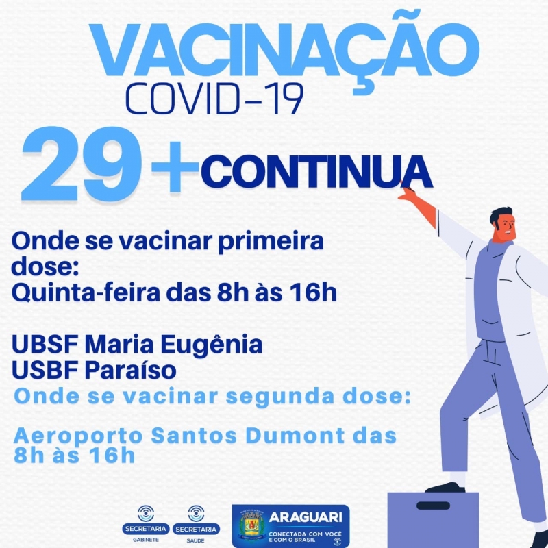 Continuando com a campanha de vacinação contra Covid-19, nesta quinta-feira, a prefeitura de Araguari continuará aplicando as vacinas de primeira e segunda dose.  Para uma melhor organização, proteção e agilidade, a vacinação de segunda dose acontecerá somente no aeroporto Santos Dumont das 8h às 16h. A primeira dose continuará sendo aplicada em pessoas com 29 anos ou mais nas seguintes unidades de saúde: UBSF Maria Eugênia e USBF Paraíso das 8h às 16h, com a distribuição de senhas a partir das 7h15. Pedimos a todos que irão se vacinar com a primeira dose do imunizante que efetue o cadastro no site da prefeitura. Onde se vacinar primeira dose: 29 anos ou mais – Quinta-feira das 8h às 16h UBSF Maria Eugênia USBF Paraíso Onde se vacinar segunda dose: Aeroporto Santos Dumont das 8h às 16h