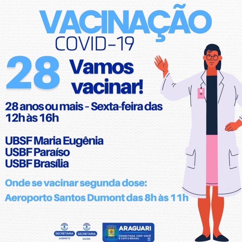 Avançando no cronograma de vacinação conta Covid-19, a prefeitura de Araguari irá avançar na imunização por idade nesta sexta-feira. Serão contempladas pessoas com 28 anos ou mais.