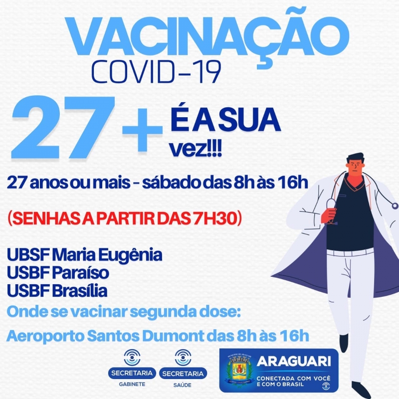 Avançando cada vez mais na campanha de vacinação contra a Covid-19, a prefeitura de Araguari irá realizar a imunização de pessoas com 27 anos ou mais neste sábado (14).