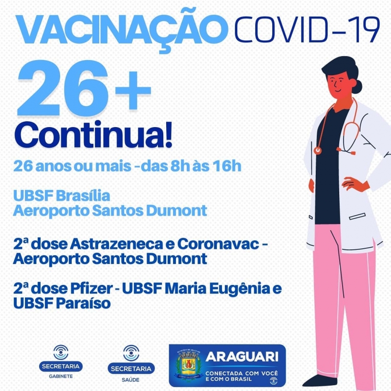 A primeira dose será aplicada na Unidade de Saúde do bairro Brasília e no aeroporto Santos Dumont das 8h às 16h, com a distribuição de senhas a partir das 7h30. Pedimos a todos que irão se vacinar com a primeira dose que efetue o cadastro no site da prefeitura.