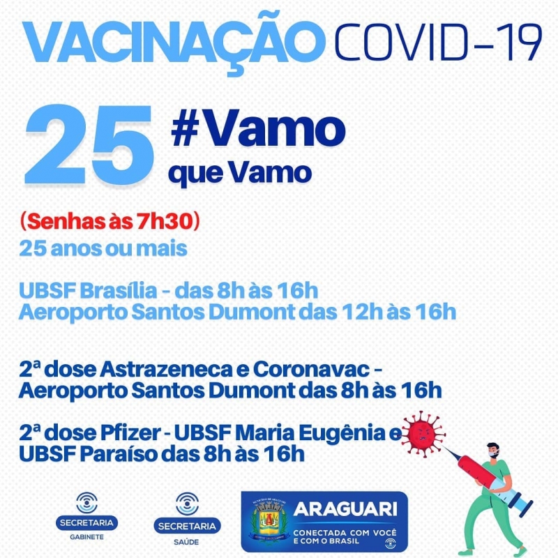 A vacinação contra Covid-19 avançará em Araguari para quem tem 25 anos ou mais, nesta quinta-feira (19). As senhas para a primeira dose, serão distribuídas às 7h30 no aeroporto Santos Dumont e na UBSF Brasília.  Pedimos a todos que irão se vacinar com a primeira dose que efetue o cadastro no site da prefeitura.  Onde se vacinar primeira dose 25 anos ou mais UBSF Brasília – das 8h às 16h  Aeroporto Santos Dumont – das 12h às 16h Onde se vacinar segunda dose Astrazeneca e Coronavac Aeroporto Santos Dumont das 8h às 16h Onde se vacinar segunda dose Pfizer 19 de agosto – 8h às 16h (para quem tomou a primeira dose no dia 27 de maio) UBSF Maria Eugênia  UBSF Paraíso