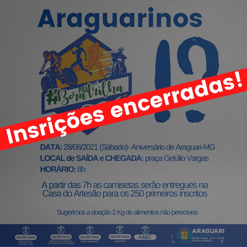 No primeiro dia de inscrições para o “Bora pra Trilha”, que tiveram início nesta quarta-feira, 18 de agosto, elas esgotaram. 398 pessoas garantiram uma vaga para participar da trilha que irá acontecer no dia 28 de agosto, aniversário de Araguari. O “Bora pra Trilha” é uma das principais atividades em comemoração aos 133 anos de Araguari. E, segundo a organização do evento, já era esperado um sucesso de público.  O evento começará às 8h com largada e chegada da Praça Getúlio Vargas. Os inscritos receberão uma camiseta no dia e local marcados.  A equipe organizadora pede que o participante doe dois quilos de alimentos não perecíveis, que serão doados para instituições assistenciais ou população carente do município. Quem não conseguiu garantir a sua inscrição, não será impedido de participar da atividade, que é ao ar livre, mas haverá fiscalização da equipe técnica e agentes de segurança e de salvamento para que todas as medidas de proteção ao coronavírus sejam respeitadas.