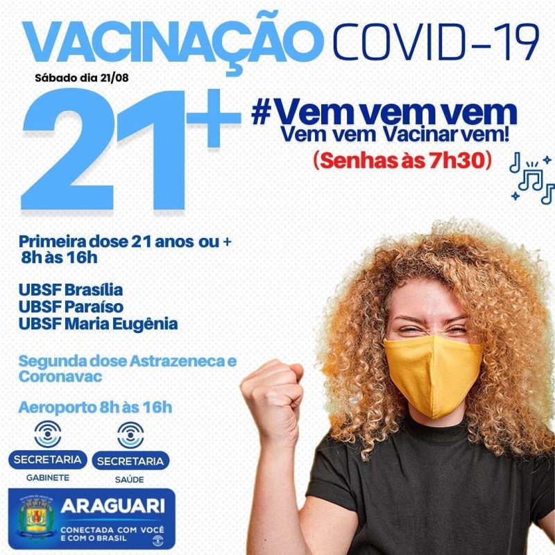 Após uma semana de grande sucesso na vacinação contra a Covid-19, a prefeitura de Araguari imunizará neste sábado (21) pessoas com 21 anos ou mais.