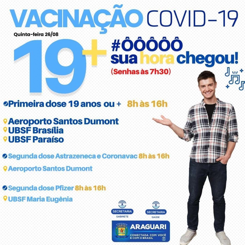 A prefeitura de Araguari avança com a imunização de pessoas com 19 anos ou mais nesta quinta-feira (26), no aeroporto Santos Dumont e nas Unidades de Saúde dos bairros Brasília e Paraíso, das 8h às 16h. Solicitamos a todos que irão se vacinar com a primeira dose que efetue o cadastro no site da prefeitura. Também é importante que cada um leve sua própria garrafa de água para mais segurança e conforto no tempo de espera, tendo em vista que estamos passando por uma semana com temperaturas mais altas. As senhas de primeira dose serão distribuídas a partir das 7h30. Onde se vacinar primeira dose 19 anos ou mais – das 8h às 16h Aeroporto Santos Dumont UBSF Brasília UBSF Paraíso Onde se vacinar segunda dose Astrazeneca e Coronavac – das 8h às 16h Aeroporto Santos Dumont Onde se vacinar segunda dose Pfizer – das 8h às 16h UBSF Maria Eugênia