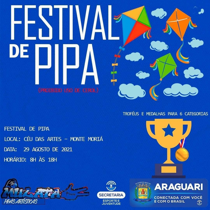 A competição terá premiação com troféus e medalhas para 6 categorias Dando continuidade às festividades em alusão ao aniversário de Araguari, a prefeitura de Araguari por intermédio da secretaria de Esportes e Juventude, convida a todos para participar do Festival de Pipas que acontecerá no próximo domingo (29), na praça do Céu, a partir das 8h.  Serão seis categorias premiadas com medalhas e troféus:  -Pipa mais bonita com tema da cidade -Maior pipa no ar -Menor pipa no ar  -Pipa mais bonita -Pipeiro mais novo -Pipeiro mais velho Lembramos que não será permitido o uso de cerol. Será uma competição saudável com o objetivo de colorir e embelezar o céu de nossa cidade.