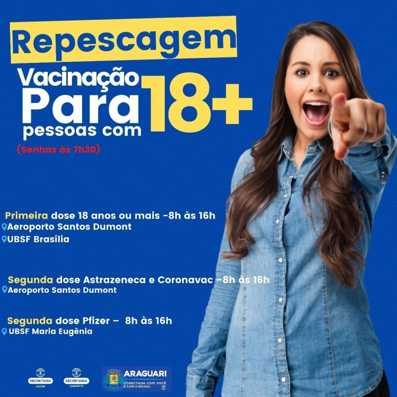 Nesta terça-feira (31), a prefeitura de Araguari realizará a repescagem das pessoas maiores de idade que ainda não receberam a primeira dose do imunizante. As senhas serão distribuídas às 7h30.