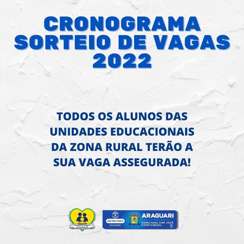 A prefeitura de Araguari através da secretaria de Educação informa a população araguarina, que os sorteios das vagas para escolas da rede do Ensino Municipal, acontecerá nesta próxima segunda-feira (13).