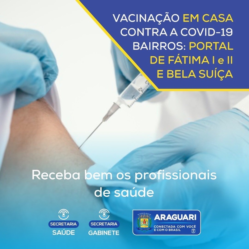 A prefeitura de Araguari através da secretaria de Saúde, estará realizando vacinação contra a covid-19, neste sábado (18), das 8h às 15h, para quem ainda não tomou a primeira, segunda ou terceira dose da vacina, nos bairros Bela Suiça, Portal de Fátima 1 e 2.