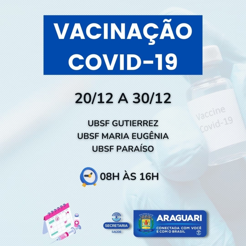 Nesta semana, em que os colaboradores da prefeitura de Araguari farão revezamento devido ao recesso de Natal e Ano Novo, a vacinação de primeira, segunda e terceira dose contra Covid-19 será centralizada nas Unidades de Saúde dos bairros Guttierrez, Paraíso e Maria Eugênia.