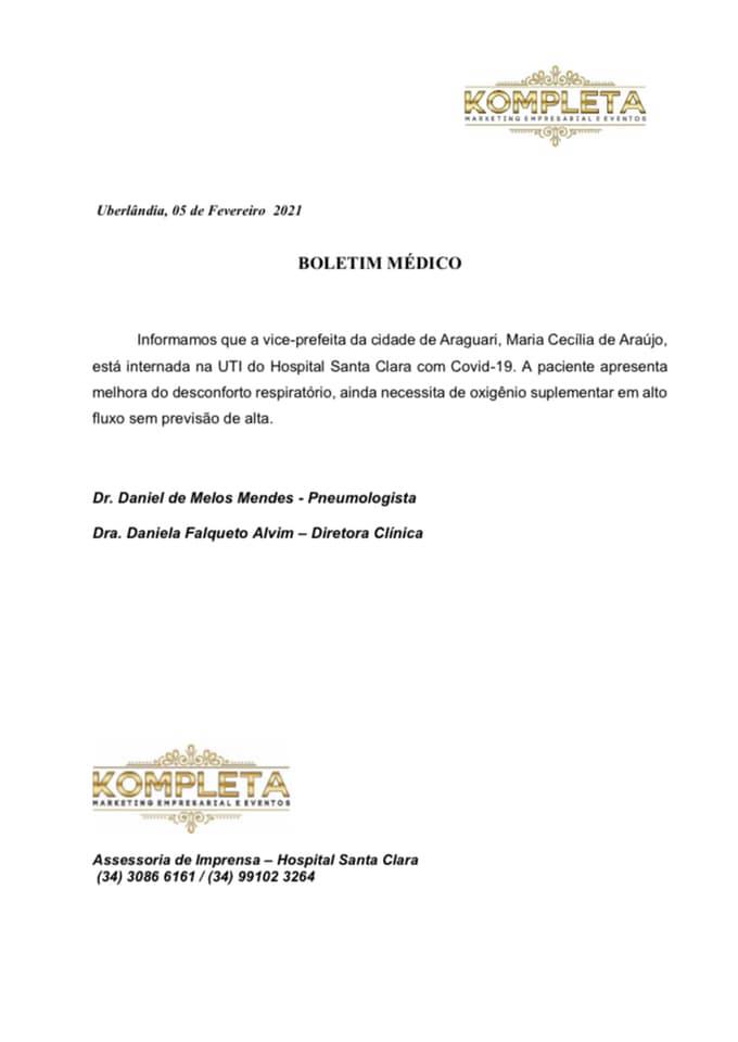 A vice-prefeita que já havia sido transferida para um leito de uti por complicações respiratórias, nesta manhã (5), apresentou uma melhora significativa em relação a necessidade de ventilação mecânica.