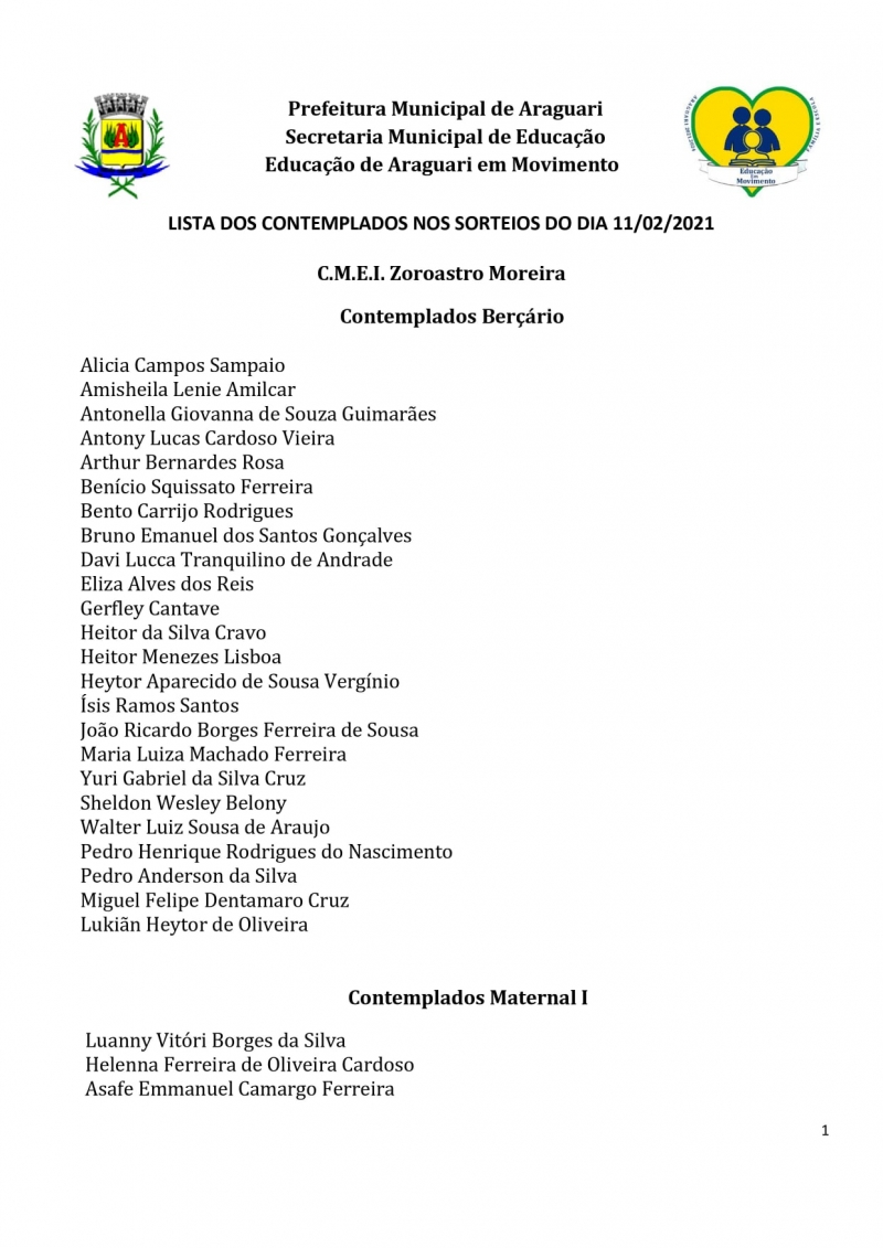 Contemplados nos sorteios para vagas na Educa&ccedil;&atilde;o Infantil dos CEMS (Centros Educacionais Municipais) e nos CMEIS (Centros Municipais de Educa&ccedil;&atilde;o Infantil).