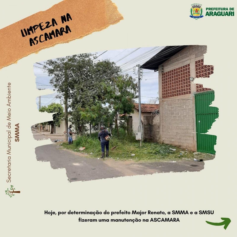 No dia de hoje, por determinação do prefeito Major Renato, foi realizada uma parceria entre a SMMA e a Secretaria de Serviços Urbanos, com o objetivo de limpar e manutenir a Associação Catadores de Materiais Recicláveis Araguari.