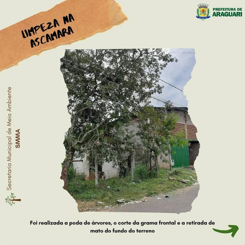 No dia de hoje, por determinação do prefeito Major Renato, foi realizada uma parceria entre a SMMA e a Secretaria de Serviços Urbanos, com o objetivo de limpar e manutenir a Associação Catadores de Materiais Recicláveis Araguari.