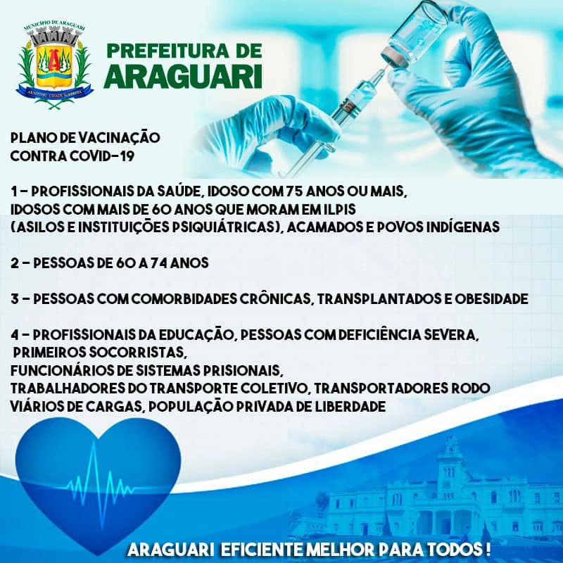 Toda equipe de saúde do município tem se dedicado às ações a serem desenvolvidas para dar início à vacinação, assim que a cidade receber as doses que, de primeiro momento, vão atender aos grupos prioritários que são: profissionais de saúde, idosos de 75 anos ou mais, idosos com 60 anos ou mais institucionalizados (que moram em abrigos e outras instituições) e pacientes acamados.