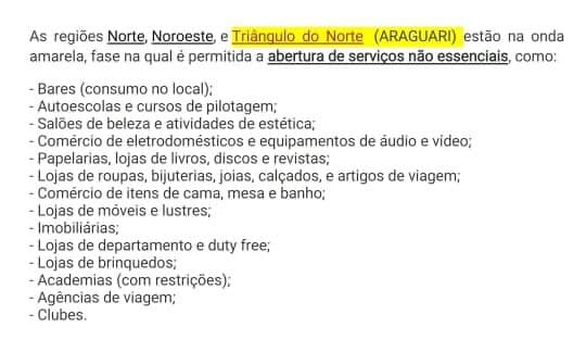 Pelo novo decreto municipal, que será publicado nesta quarta-feira (27), o governo e representantes do comércio optaram por seguir os serviços essenciais classificados pelo Programa, Nele, academias não entram como serviços essenciais, mas o município analisou agora pela manhã, a possibilidade de seguirmos outras recomendações em nível municipal e até federal. Nestas, academias funcionariam normalmente. A procuradoria da administração municipal e gestores do município deliberaram sobre o funcionamento desse tipo de serviço.