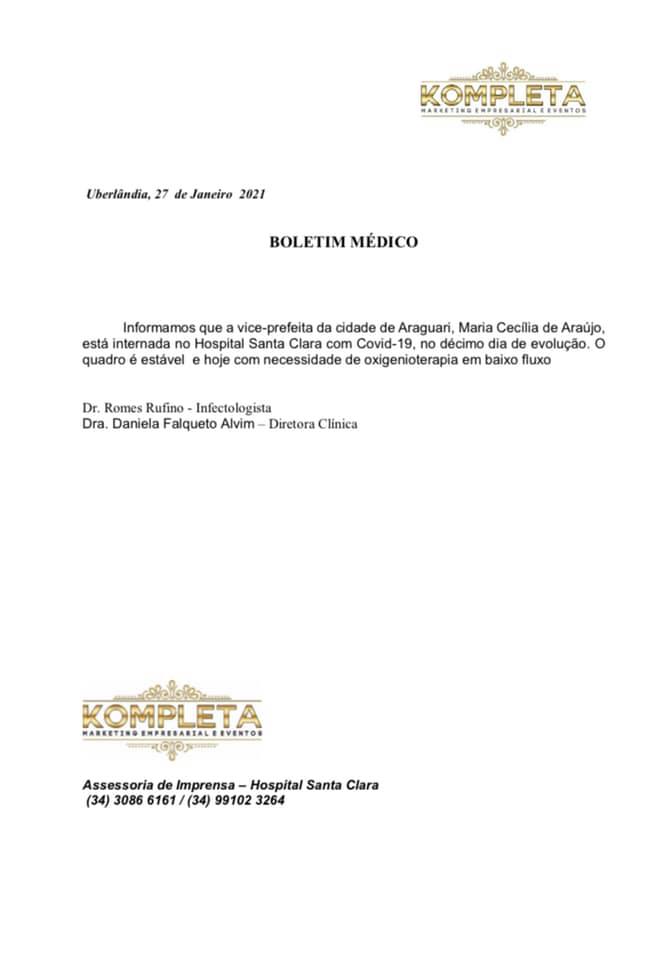 A vice prefeita de Araguari, Maria Cecília, continua recebendo todos os cuidados necessários para a melhora do quadro clínico. Abaixo, segue nota encaminhada pela empresa responsável pela assessoria de comunicação do hospital.