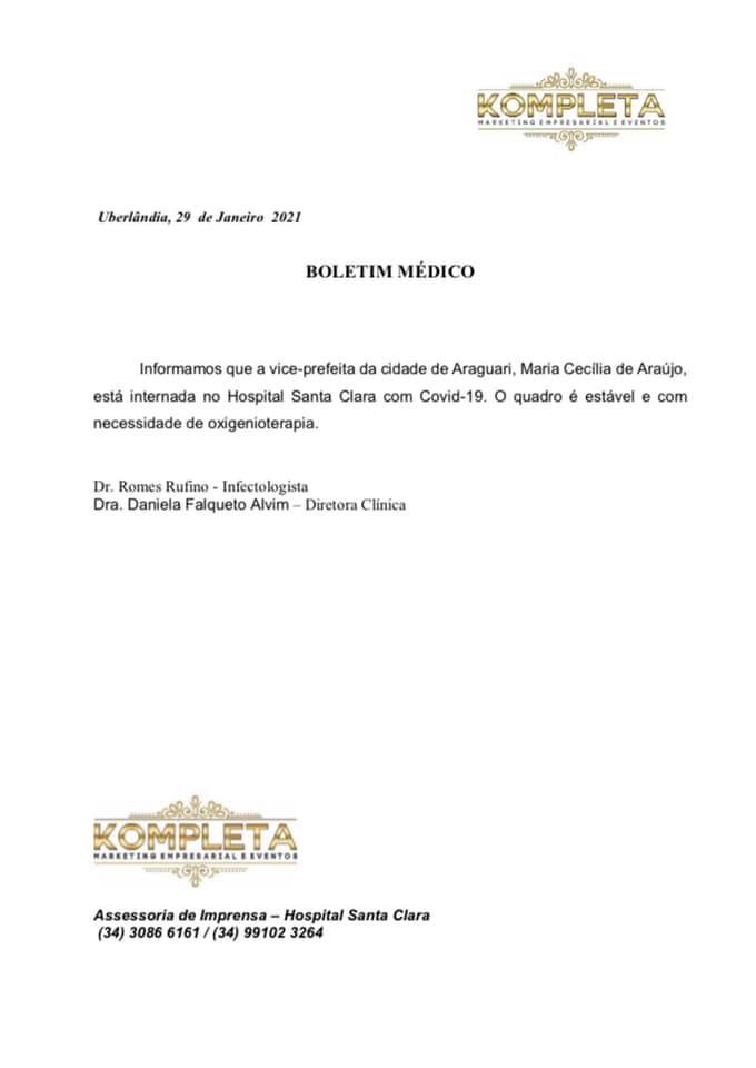 A vice-prefeita Maria Cecília continua internada e recebendo cuidados de médicos s outros profissionais. Ela está bem, consciente e se comunicando com a família por telefone quando possível.