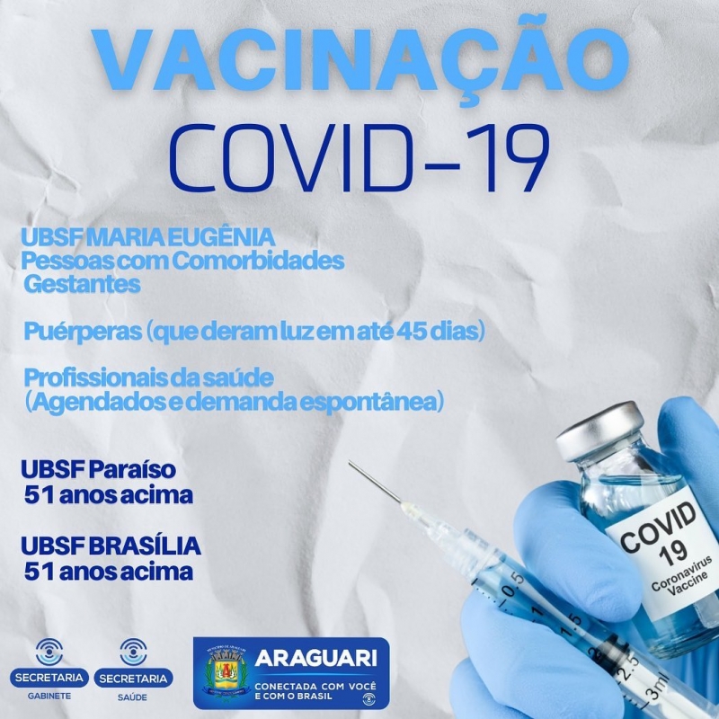 Nesta sexta-feira, 2 de julho, a vacinação de primeira dose em Araguari segue para as pessoas com 51 anos ou mais. Estas podem procurar três locais para serem vacinadas: aeroporto da cidade, UBSF Paraíso e UBSF Brasília, entre 8h e 16h.